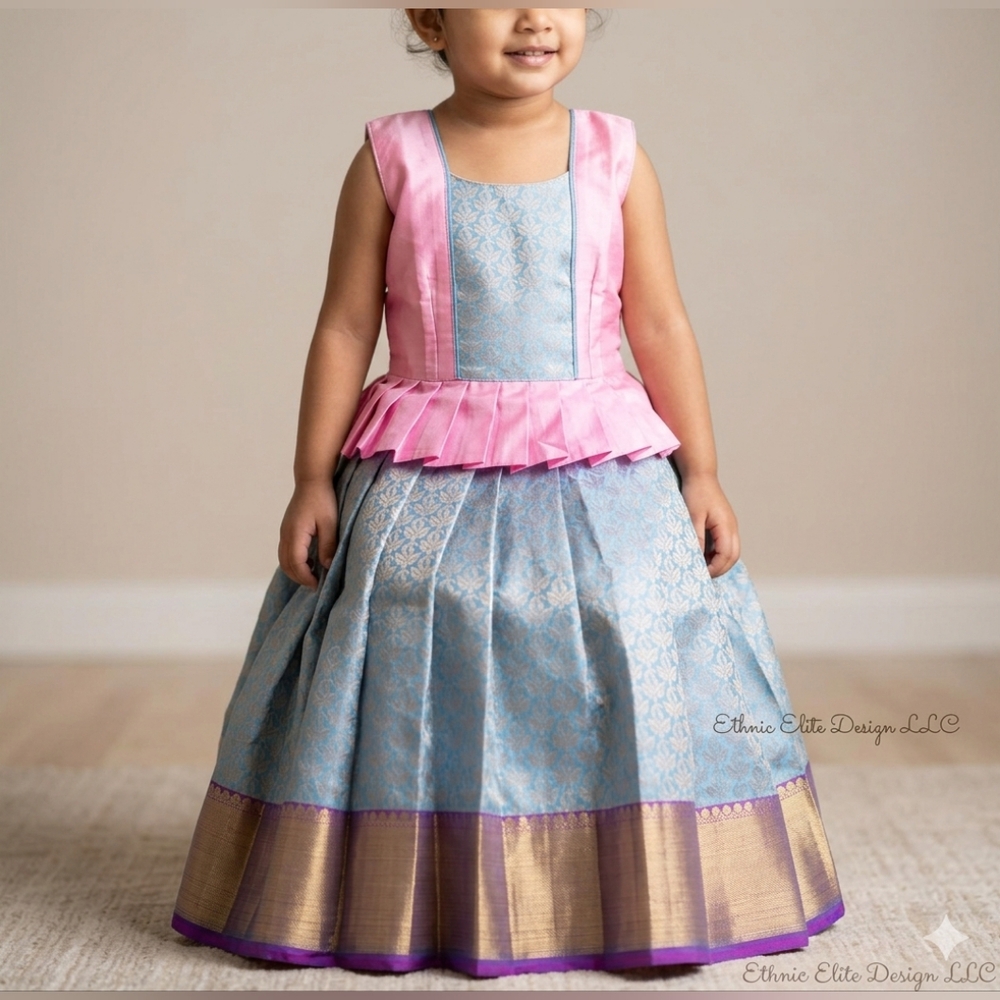 New boutique Pink/Blue Pure Silk Traditional South Indian Pavadai Sattai -3 yrs